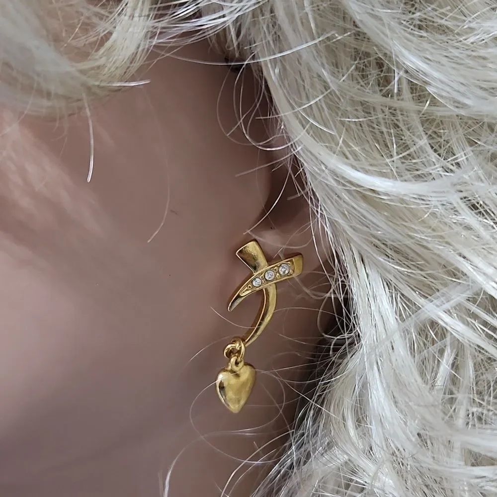 VNTG Avon Goldtone Wishbone Dangling Heart Earrings